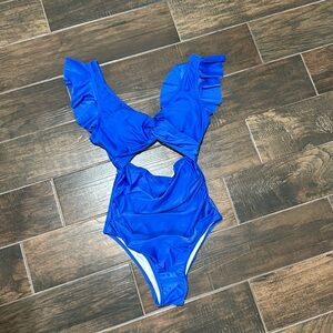 Never worn ruffle sleeve blue one piece bathing suit
